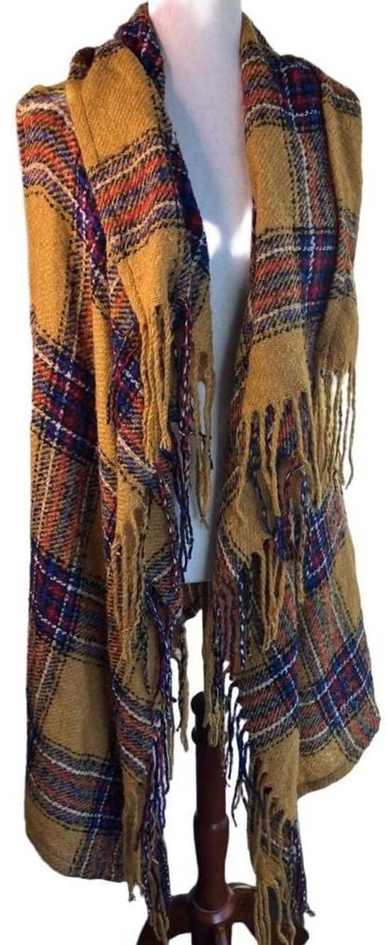 maurices Plaid Ruana Scarf Yellow Fringe